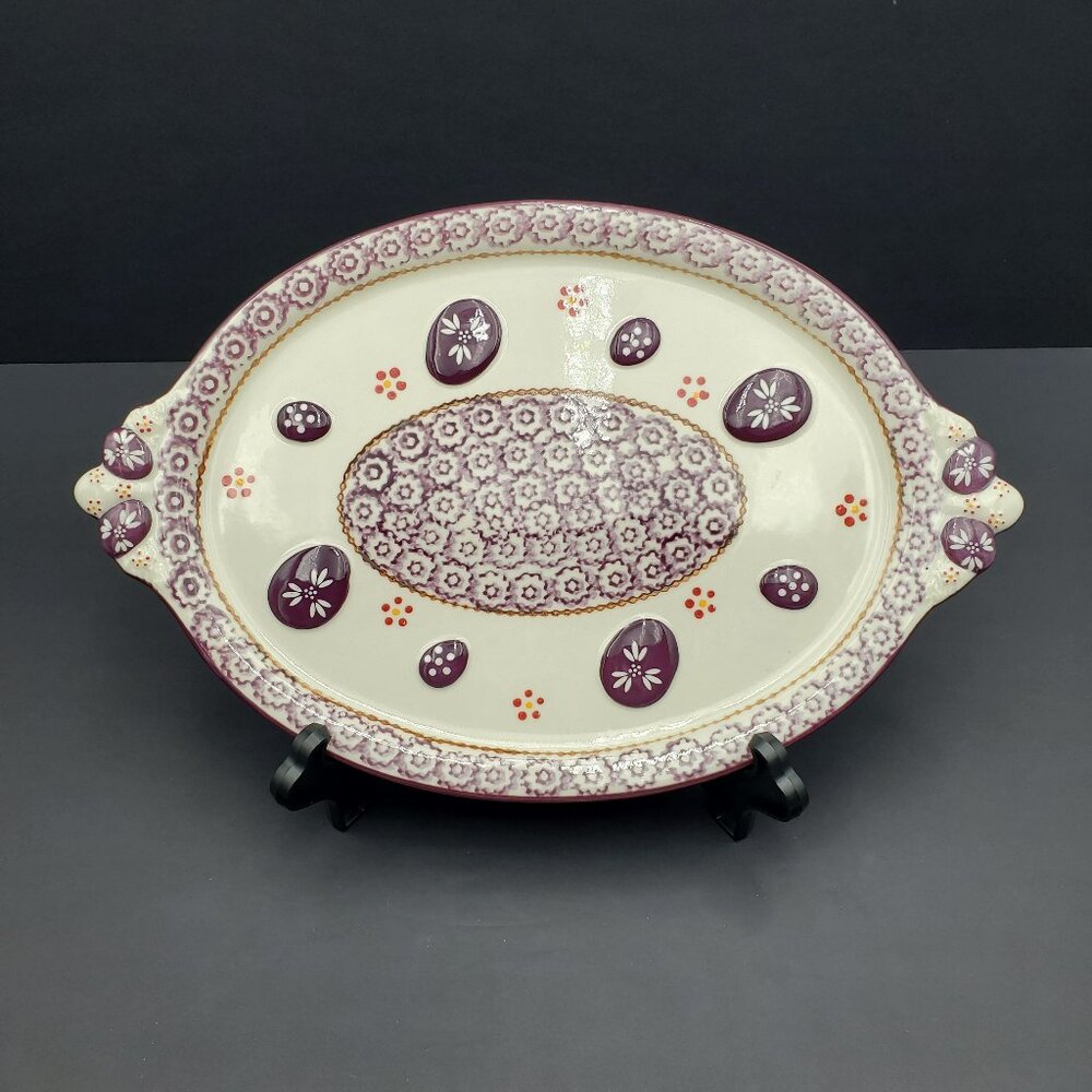 Temp-Tations Old World Lilac 15" Oval Platter Purple Handled Egg Serving Plate